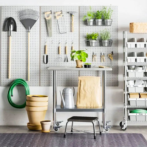Metal Pegboard Organizer Kit For Walls 2 Pack 15.7 Inches By 15.7 Inches Gray Heavy Duty Shed Garden Storage System for tools.