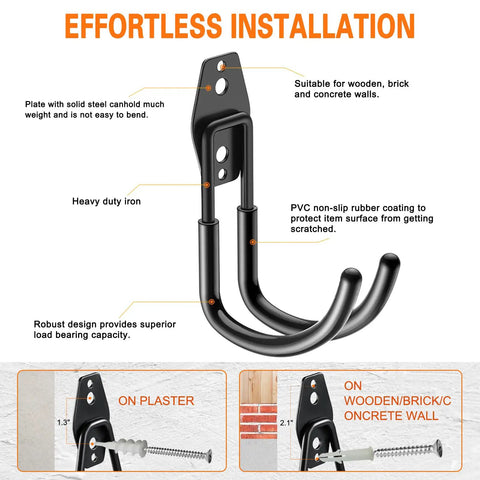 Heavy Duty Garage Hooks 4 Pack J Shaped Wall Mounted Hanger Organizer For Ladders Bikes Tires Hose And Tools Durable Steel Construction With Non Slip Rubber Ends installation guide