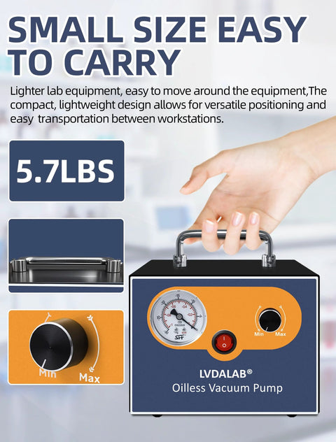 LVDALAB oil-free diaphragm vacuum pump, front view, blue body with orange front panel, gauge, and carry handle.