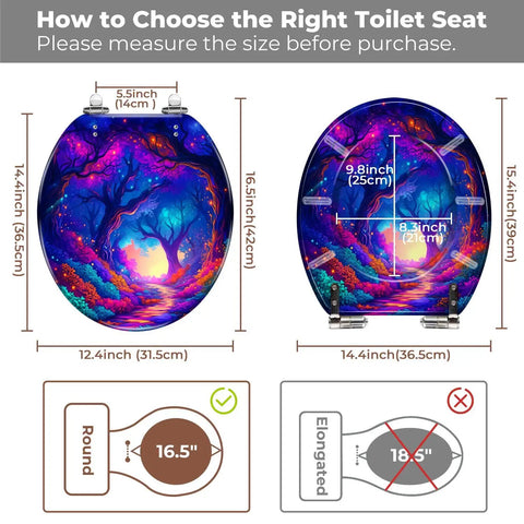 UV Reactive Round Toilet Seat for Bathroom, dimensions 12.4 x 14.4 inches, colorful design, guide for size measurement