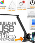 Super Handy Dimmable Led Desk Lamp With Four Lighting Modes For Reading Studying Relaxation And Bedtime Five Level Dimmer Touch Sensitive Controls One Hour Auto Timer Plus Usb Charging Port In Piano Black showing features and USB charging.