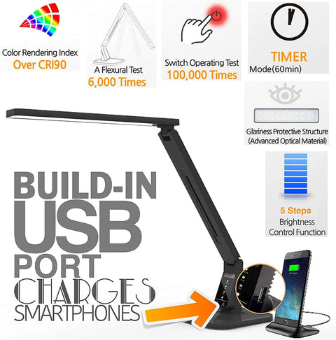 Super Handy Dimmable Led Desk Lamp With Four Lighting Modes For Reading Studying Relaxation And Bedtime Five Level Dimmer Touch Sensitive Controls One Hour Auto Timer Plus Usb Charging Port In Piano Black showing features and USB charging.