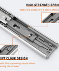 Close-up of 1 Pair 22 Inch Rear And Side Mount Drawer Slides with Brackets highlighting high strength spring and soft close design.