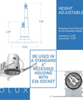 Diagram and components of 4 Inch Adjustable LED Can Light Retrofit Kit With Bevel Trim 3000K Warm White 500 Lumens, E26 socket visible.