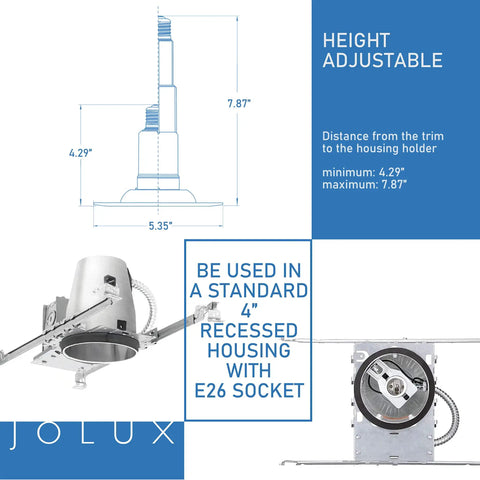 Diagram and components of 4 Inch Adjustable LED Can Light Retrofit Kit With Bevel Trim 3000K Warm White 500 Lumens, E26 socket visible.