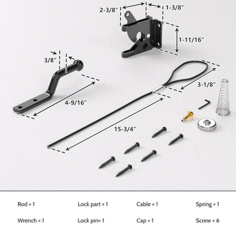 Heavy Duty Self Latching Gate Hook With Spring Release Cable parts including carbon steel components and installation screws.