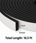 Real Deal Heavy Duty Foam Weather Stripping Tape 1 Inch Wide By Quarter Inch Thick 16 Foot Roll showing tape dimensions and roll.