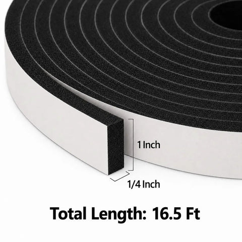 Real Deal Heavy Duty Foam Weather Stripping Tape 1 Inch Wide By Quarter Inch Thick 16 Foot Roll showing tape dimensions and roll.