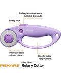 Top Tier Loop Handle Rotary Cutter For Heavy Duty Fabric And Vinyl Crafting Precision Ground Steel Blade Insanely Sharp Left Right Handed Setup Easy Glide Action For Quilting Projects in purple with 45 mm blade.