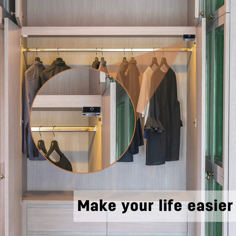Badass Cabinet Door Switches For Closet Light With Auto Magnetic Trigger 8 Pack installed on closet shelf, lighting up hanging clothes.