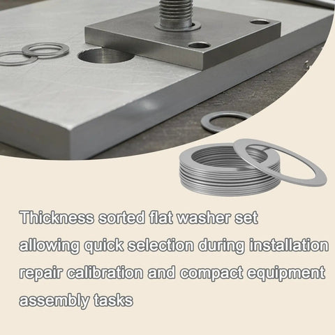 Heavy Duty 304 Stainless Steel Shim Washer Set 48 Pcs thin flat spacers arranged on a metal surface for easy selection.