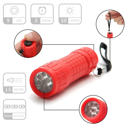 Close-up of red flashlight from 30 Pack Mini LED Flashlights Set with 9 LED Beams, 90 AAA Batteries Included, features shown in diagram