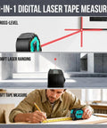 3-In-1 Laser Tape Measure With Cross Line, 196ft Rangefinder, 16ft Auto-Lock Magnetic Tape on workbench