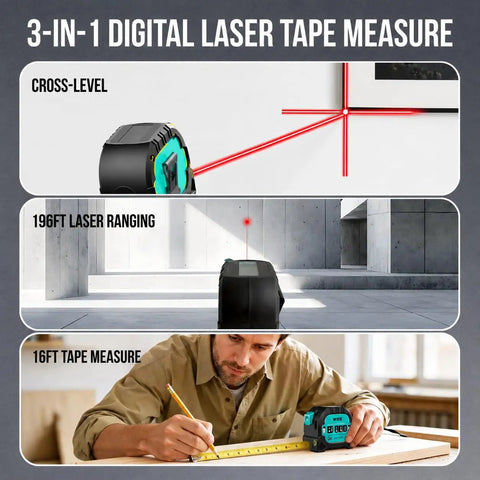 3-In-1 Laser Tape Measure With Cross Line, 196ft Rangefinder, 16ft Auto-Lock Magnetic Tape on workbench
