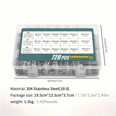 Stainless Steel Hex Bolts And Nuts Kit For M4 M5 M6 Metric Set With Heavy Duty Threads And Durable Fasteners For Home DIY Auto Repairs And Industrial Projects, 720-piece case