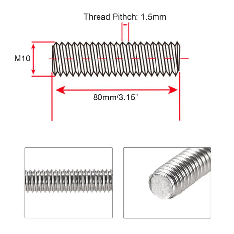 Built Like A Tank M10 X 80mm Fully Threaded Rod And Studs Crafted From Durable 304 Stainless Steel with 1.5mm pitch and ends detail.