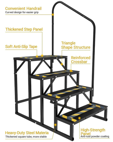 Heavy Duty Rv Entry Steps With Sturdy Handrail Four Step Camper Stairs For Travel Trailers Fifth Wheels And Mobile Homes No Fuss Setup with thickened step panel and soft anti-slip tape.