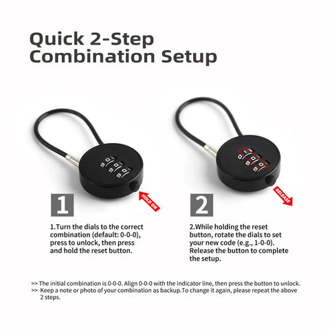 Quick setup for resettable 3 digit combination lock for luggage, shown with instructions and steel cable padlock design.