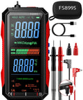 Auto Range True RMS Digital Multimeter with USB Rechargeable Battery, probes, and carrying case displayed.