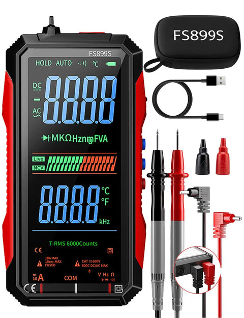 Auto Range True RMS Digital Multimeter with USB Rechargeable Battery, probes, and carrying case displayed.