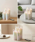 Pearlescent Glass Battery Operated LED Candles Set Of 4 Slim Flameless Candles With Remote Control Warm White Glow displayed in room