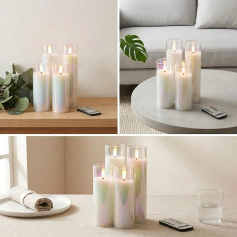Pearlescent Glass Battery Operated LED Candles Set Of 4 Slim Flameless Candles With Remote Control Warm White Glow displayed in room