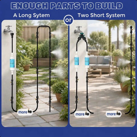 Two configurations of the 120Ft Outdoor Misting System With 28 Brass Nozzles And 2 Water Filters DIY Misting Kit for cooling patios and gardens.