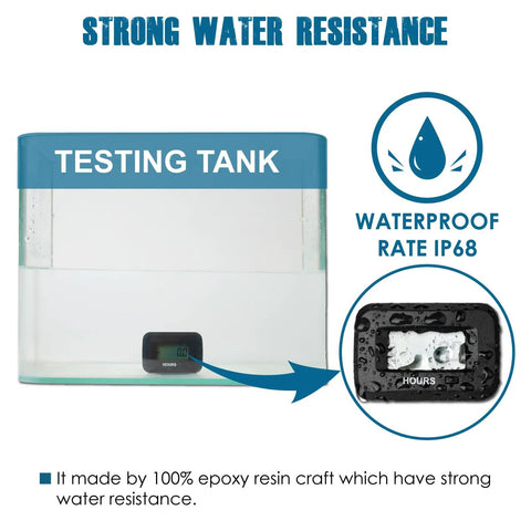 Digital Maintenance Hour Meter For Gear And Mowers AC DC 5V To 277V RL HM038AG H on testing tank, waterproof IP68, epoxy resin body