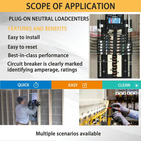Infographic showing the installation and benefits of 60 Amp Two Pole Plug In Molded Case Circuit Breaker for residential panels.