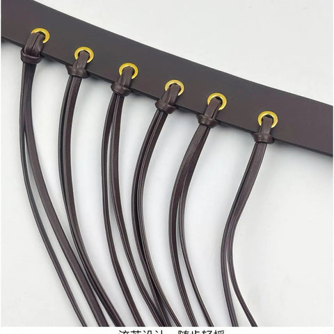 Vintage Industrial Waist Belt Featuring Heavy Copper Hardware And Flowing Tassels With Easy Adjustable Strap In Warm Coffee Brown For Daily Wear That Gives Serious Drip, showcasing tassel details and adjustable strap.
