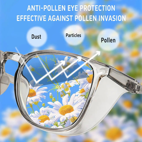 Tough As Nails Safety Glasses With Anti Fog Shield And Blue Light Blocker reflecting daisies, effective against dust and pollen.