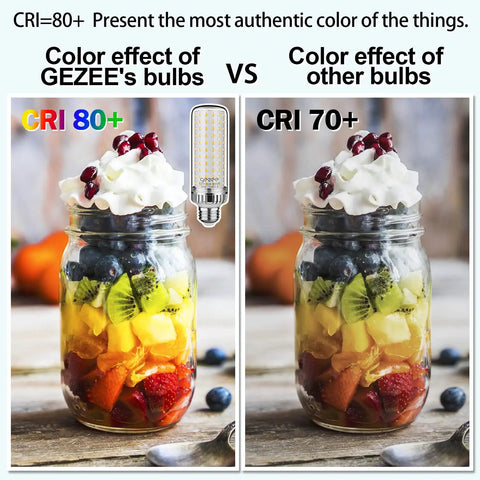 Comparison of LED bulb effect on fruit jars, showcasing 35W LED Light Bulb E26 Base Daylight White 6000K 3500 Lumens quality