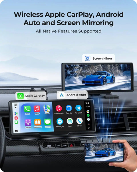 9.26 Inch Wireless CarPlay Screen With 4K Dash Cam And HD Backup Camera Hands Free Portable Car Display showing CarPlay and Android Auto