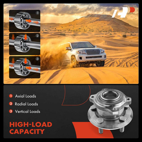2 Pack Rear Wheel Bearing And Hub Assembly For Dodge Charger Challenger And Chrysler 300 2015 Through 2023 With 5 Lug Direct Fit High Load Capacity Ball Bearing For Superior Axial And Radial Support shown alongside a rugged vehicle in desert terrain.