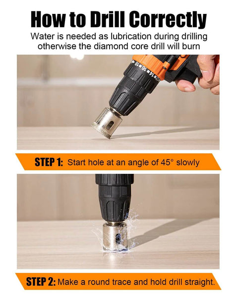 Diamond hole saw bit attached to a cordless drill; part of a 10‑pc diamond hole saw set for glass and tile