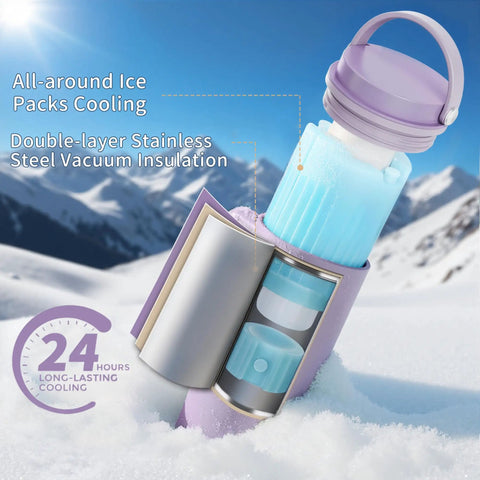Reusable Breastmilk Storage Bottle With Insulated Cooler Keeps Baby Feed Fresh For 24 Hours Travel Ready, showing double-layer stainless steel and ice packs.
