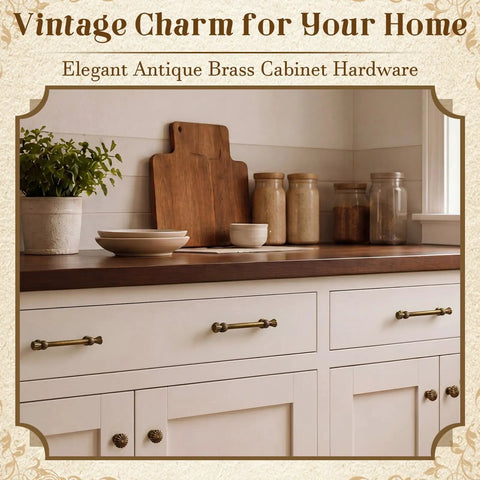 Vintage Zinc Alloy Cabinet Hardware Kit With Six Round Floral Knobs And Six Fluted Bar Pulls for kitchen drawer with antique brass pulls.