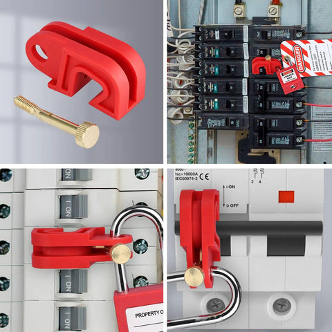 Universal Circuit Breaker Lockout Device Kit 20 pack securing multiple pole ISO DIN breakers on industrial panel