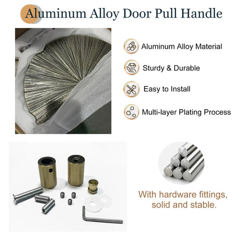 Heavy Duty Solid Metal Push Pull Door Handles With Radial Stripes For Glass And Wood Doors, shown in packaging with fittings