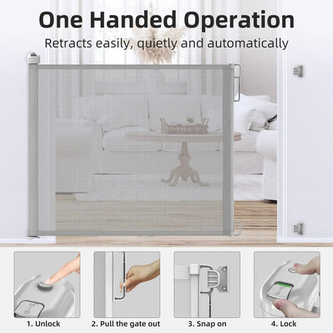 Contemporary home setting with Retractable Baby Gate 33 Inch Tall Extends To 55 Inch Wide Mesh Safety Gate for One Handed Operation.