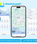 Weatherseed app showing Smart WiFi Weather Station For Indoor And Outdoor Use With 24 7 AI Forecasts. Mobile interface view.