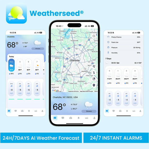 Smart Dope WiFi Weather Station With Rain Gauge For Indoor And Outdoor Use Around The Clock AI Forecast And Real Time Alerts Via Weatherseed App 2 4G WiFi Precise Temperature Humidity And Barometric Pressure Readings interface on smartphone screen showing weather data and map.