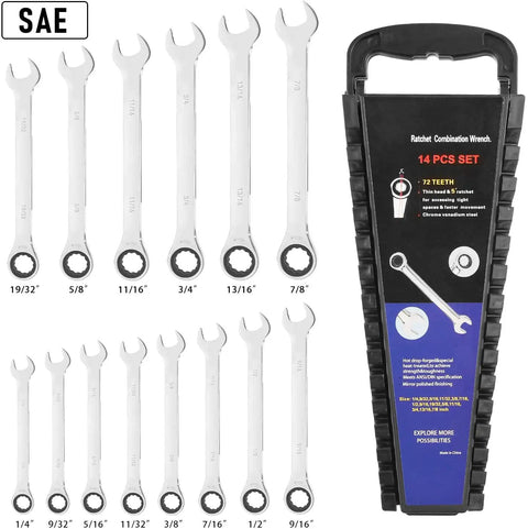 14 Piece SAE Ratcheting Wrench Set With One Quarter Inch To Seven Eighths Inch Wrenches, Chrome Vanadium Steel