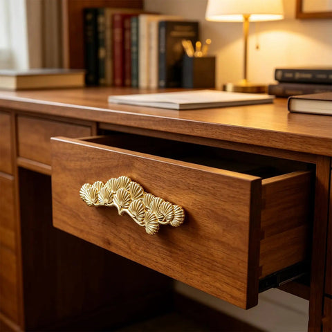 Two Pack Golden Welcoming Pine Cabinet Handles For Vintage Dressers And Drawers on wooden desk drawer