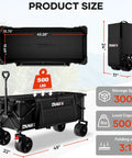49 Inch Collapsible Heavy Duty Wagon With 500 Pound Capacity All Terrain Wheels Cup Holders Foldable Utility Cart For Grocery, Sports Gear, Tools And Garden, Built With Reinforced Steel Frame And Premium 600D Oxford Fabric, showcasing size dimensions and folded view.