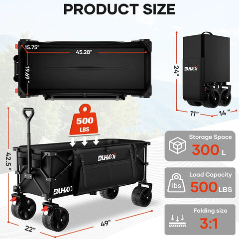 49 Inch Collapsible Heavy Duty Wagon With 500 Pound Capacity All Terrain Wheels Cup Holders Foldable Utility Cart For Grocery, Sports Gear, Tools And Garden, Built With Reinforced Steel Frame And Premium 600D Oxford Fabric, showcasing size dimensions and folded view.