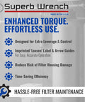 Text over image detailing features of Heavy Duty Metal Water Filter Housing Wrench 5.93 Inch Inside Diameter Beefy Tool.