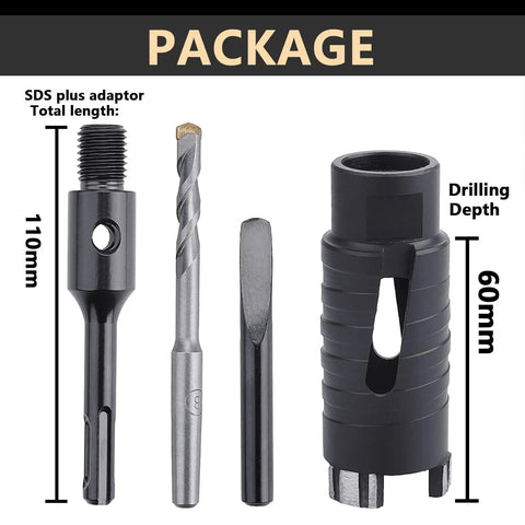 Image showing package contents of Heavy Duty Workhorse 38mm Diamond Core Drill Bit For SDS Plus Adapter with 60mm drilling depth.