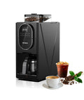 Fully Automatic Programmable Coffee Maker With Built In Grinder And Timer, Hot And Cold Brew Machine For Smooth Iced Americano, 22 Oz Glass Carafe, Compact Black Grind And Brew Morning Fuel with coffee and iced drink.