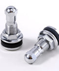 Front and side views of chrome metal valve stems with rubber seals; 1-inch outer-mount, two shown of a four-pack.